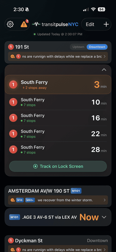Transit Pulse NYC app screenshot